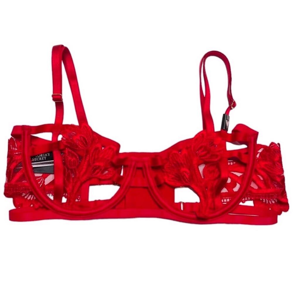 Victoria’s Secret Strappy Floral Embroidered Caged Open Cup Balconette Bra 38D